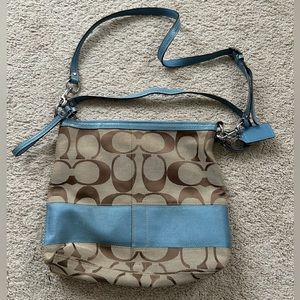 Classic Coach Brown Tan Blue Canvas Bag Purse Satchel G0973-F13674